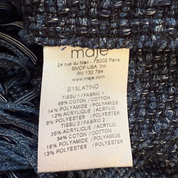 Maje Latino Fringed Sweater Pullover Womens 2 Medium Blue Tweed Coastal Designer - Picture 10 of 11